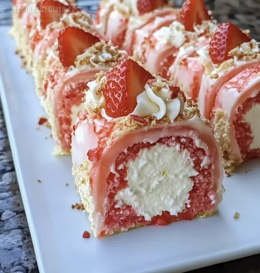 A platter of sliced strawberry and cream-filled rolled cake topped with fresh strawberries and whipped cream.