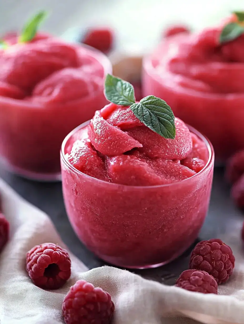 A close-up of raspberry sorbet in clear glasses, garnished with mint leaves, surrounded by fresh raspberries on a light cloth.