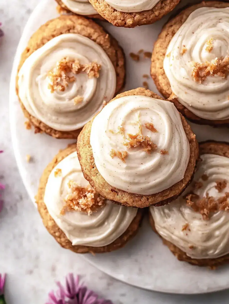 A close-up of iced cookies with swirled frosting and a sprinkle of brown sugar on top, arranged on a plate with flowers in the background.