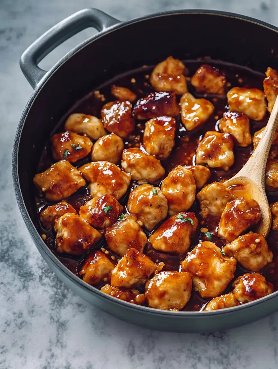 A close-up of tender pieces of chicken coated in a shiny brown sauce, simmering in a dark pot with a wooden spoon.