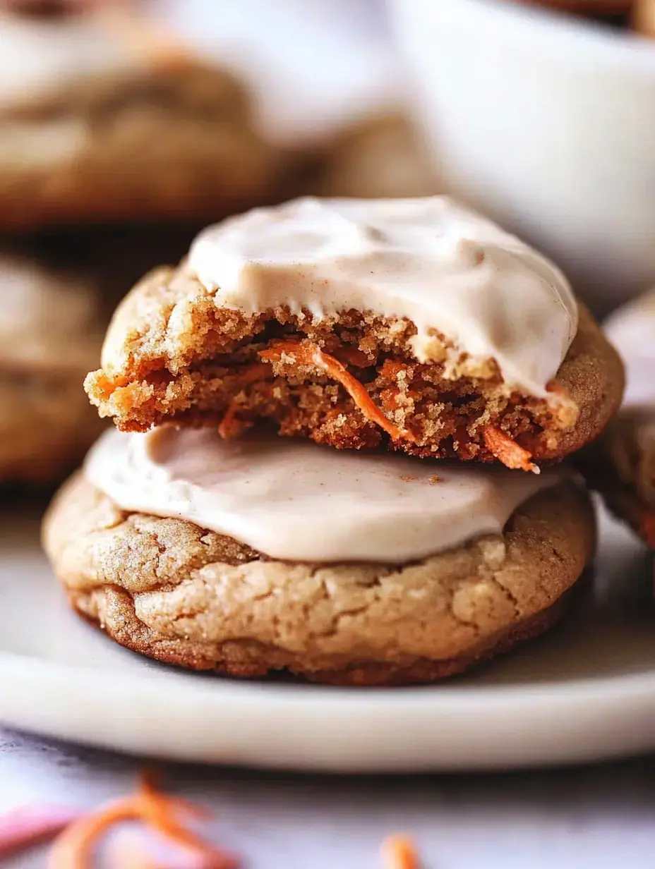 A close-up of two soft cookies, one partially bitten, topped with creamy frosting and flecks of carrot, placed on a white plate.