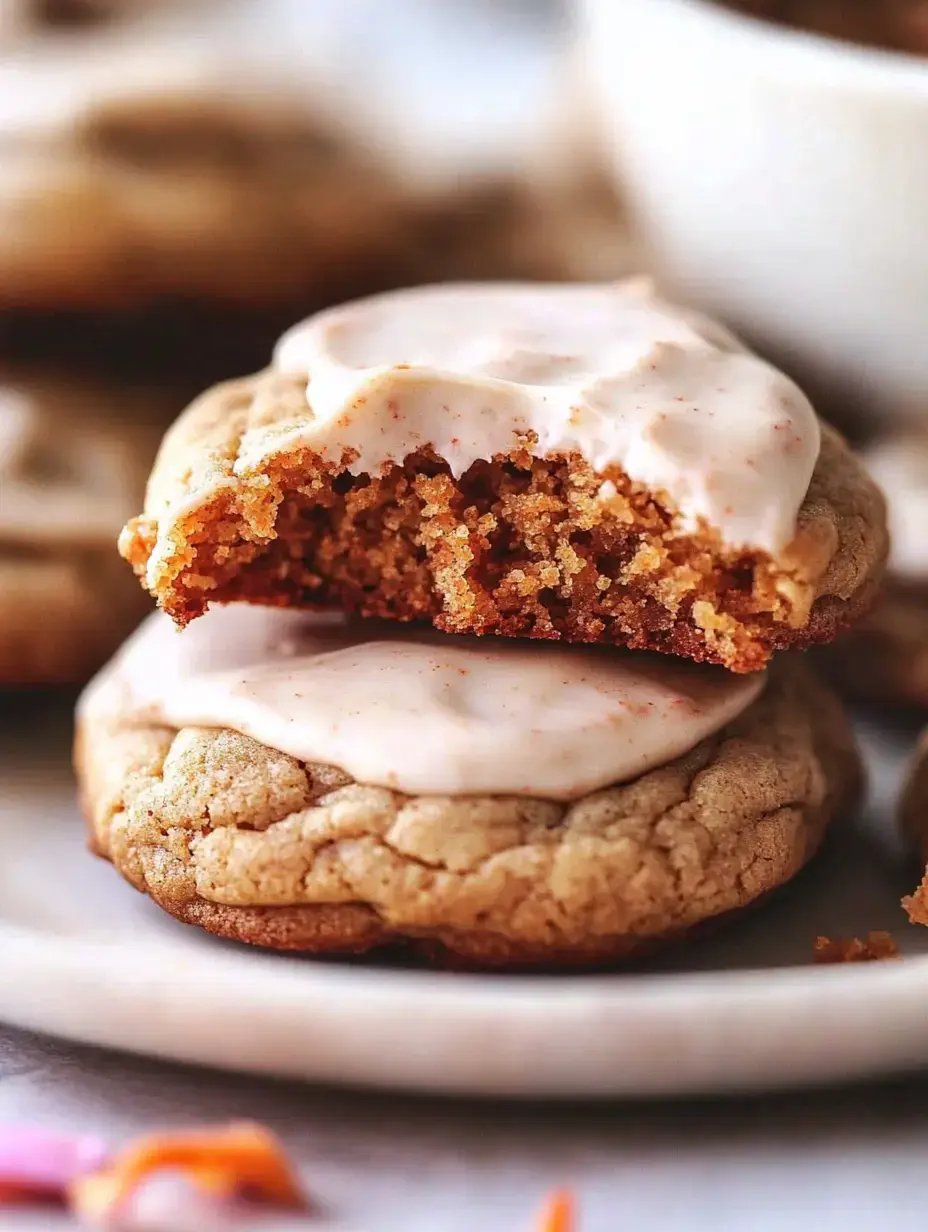 A close-up of two iced cookies stacked on a plate, with a bite taken out of the top cookie, revealing its soft texture.