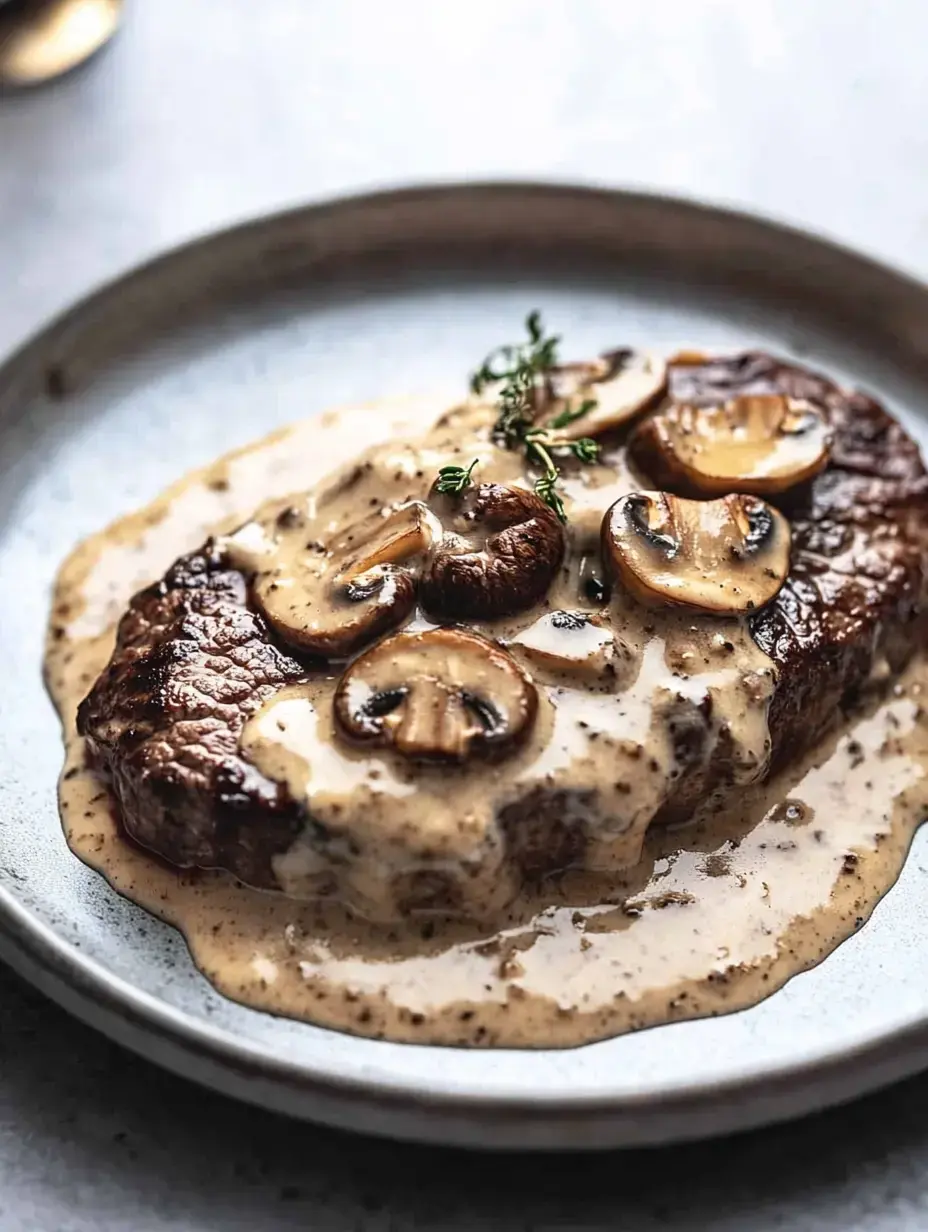 A perfectly cooked steak topped with creamy mushroom sauce and garnished with fresh thyme on a plate.