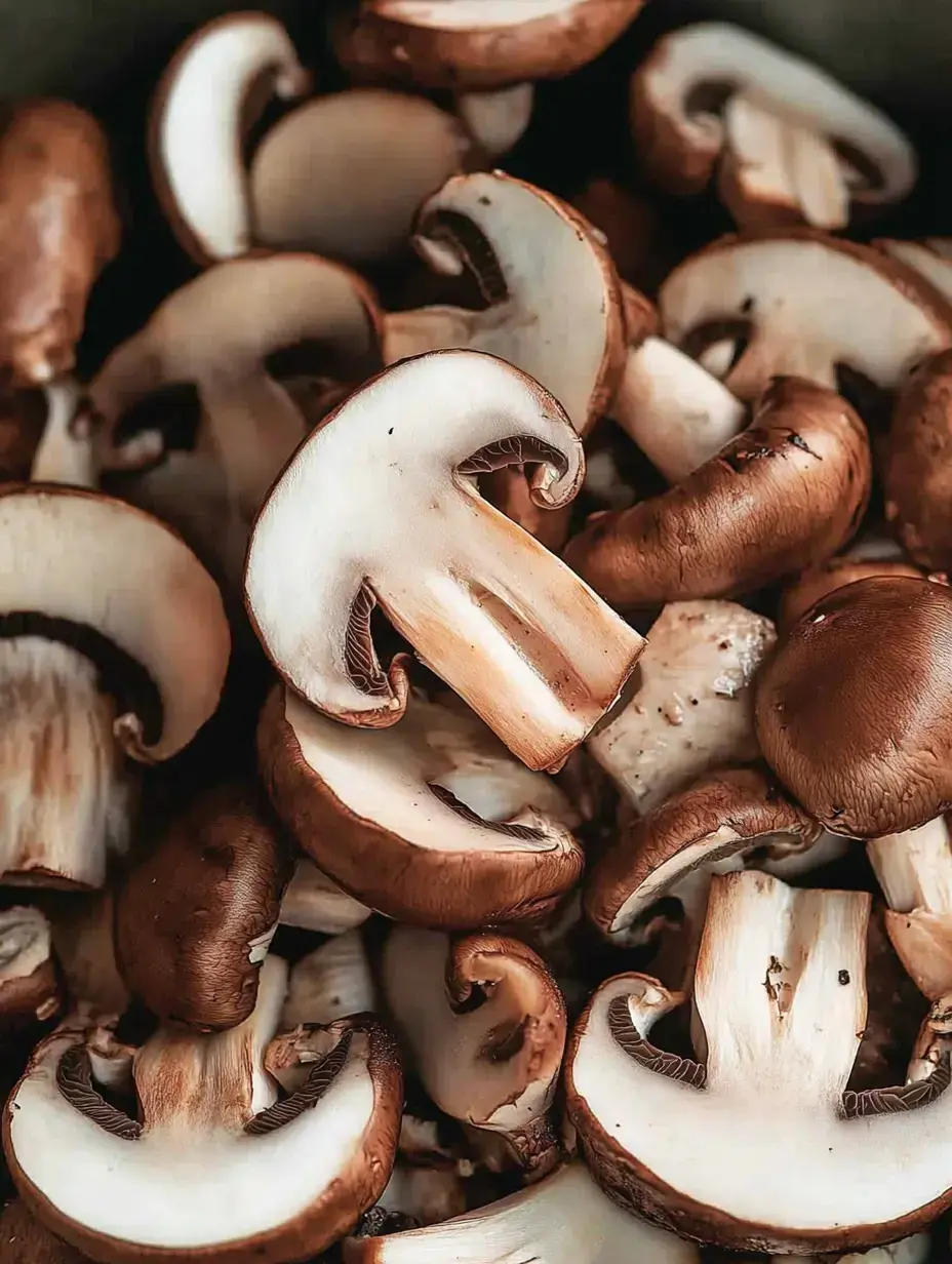 A close-up view of sliced brown mushrooms arranged in a pile.