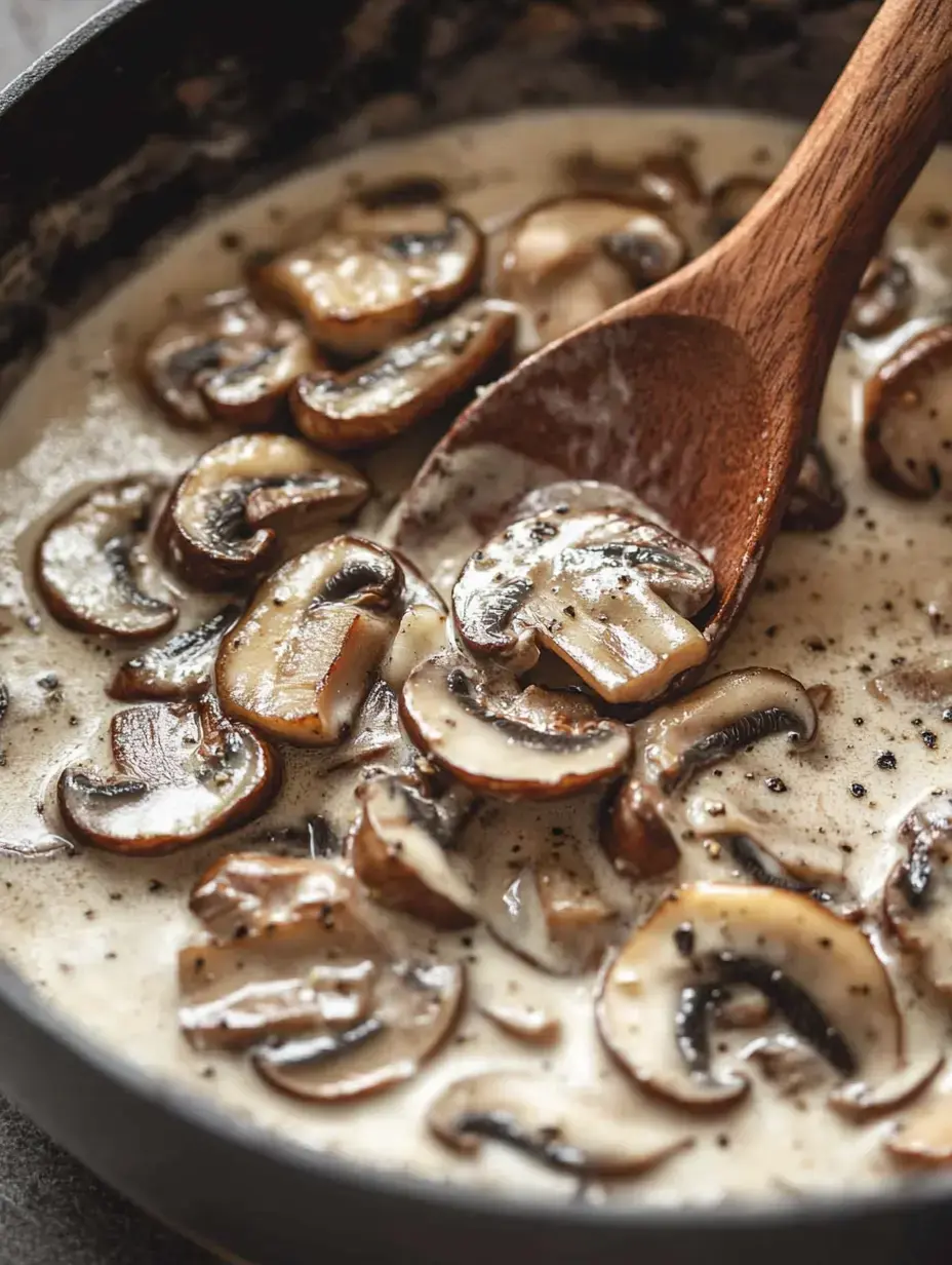 A close-up of sautéed mushrooms in a creamy sauce being stirred with a wooden spoon in a frying pan.