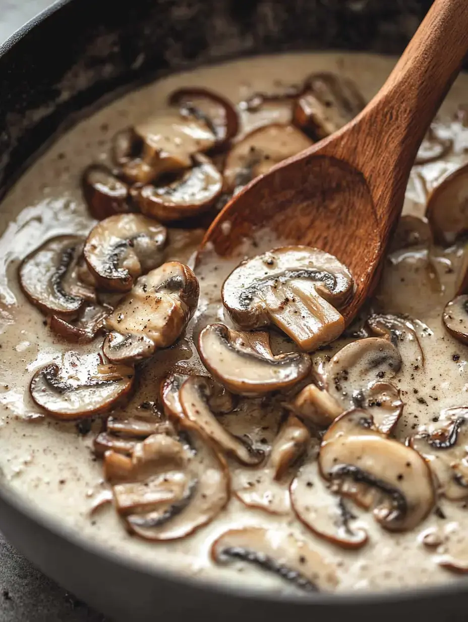 Sliced mushrooms are being cooked in a creamy sauce in a skillet, with a wooden spoon for stirring.