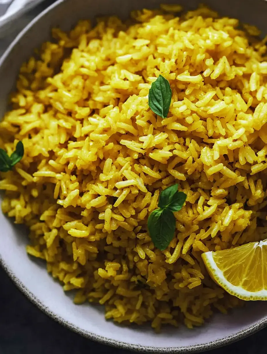 A close-up view of fluffy yellow rice garnished with fresh green leaves and a slice of lemon in a bowl.