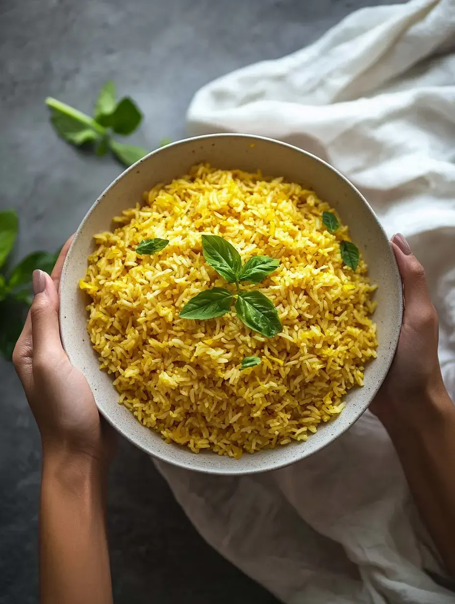 A person holds a bowl of yellow rice garnished with fresh basil leaves against a textured background.