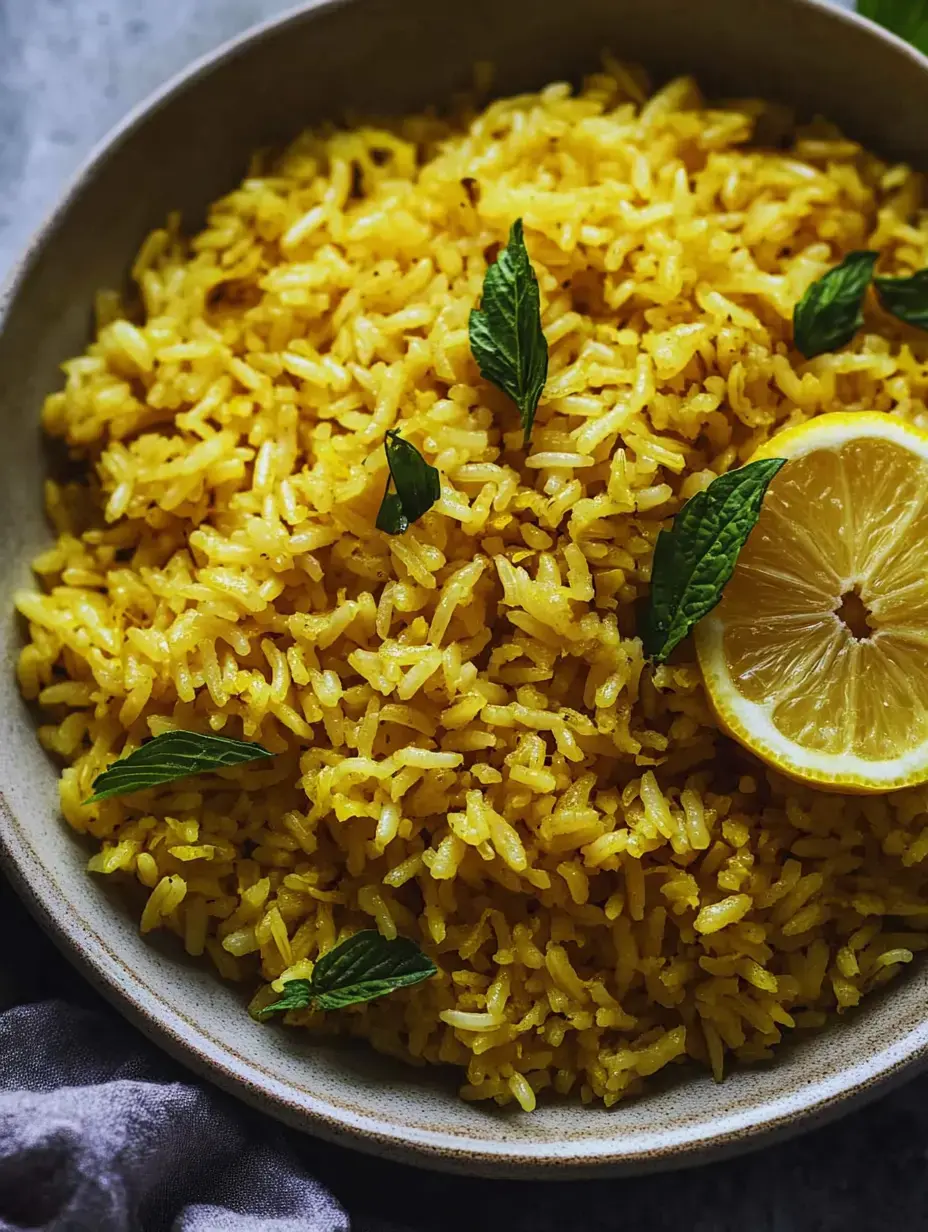 A bowl of yellow turmeric rice garnished with fresh mint leaves and a slice of lemon.