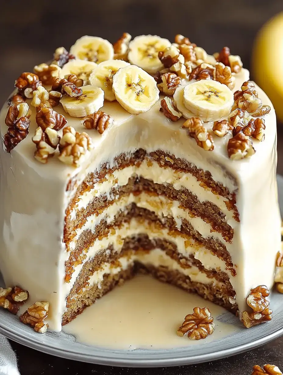 A sliced layered cake topped with banana slices and chopped walnuts on a plate.