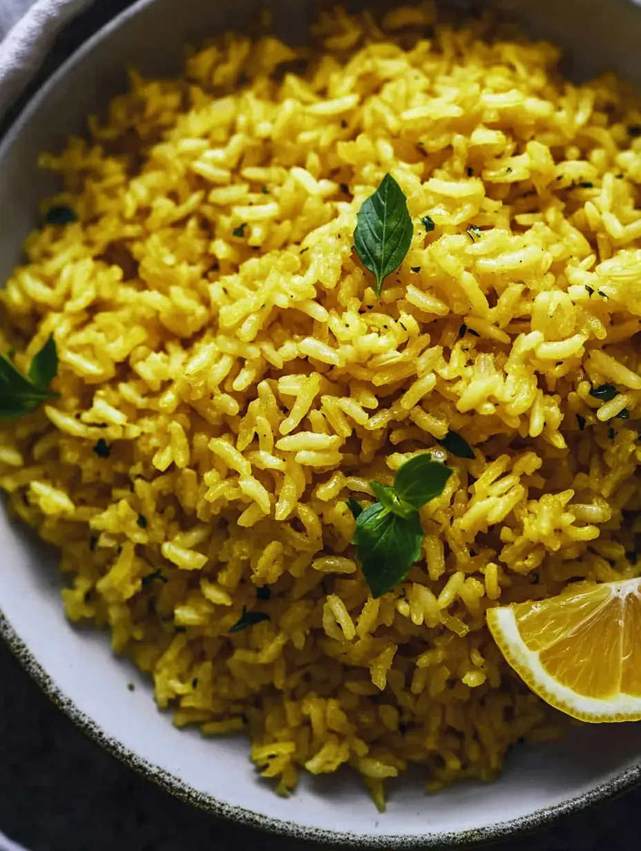 A close-up view of fluffy yellow rice garnished with fresh herbs and a slice of lemon in a decorative bowl.