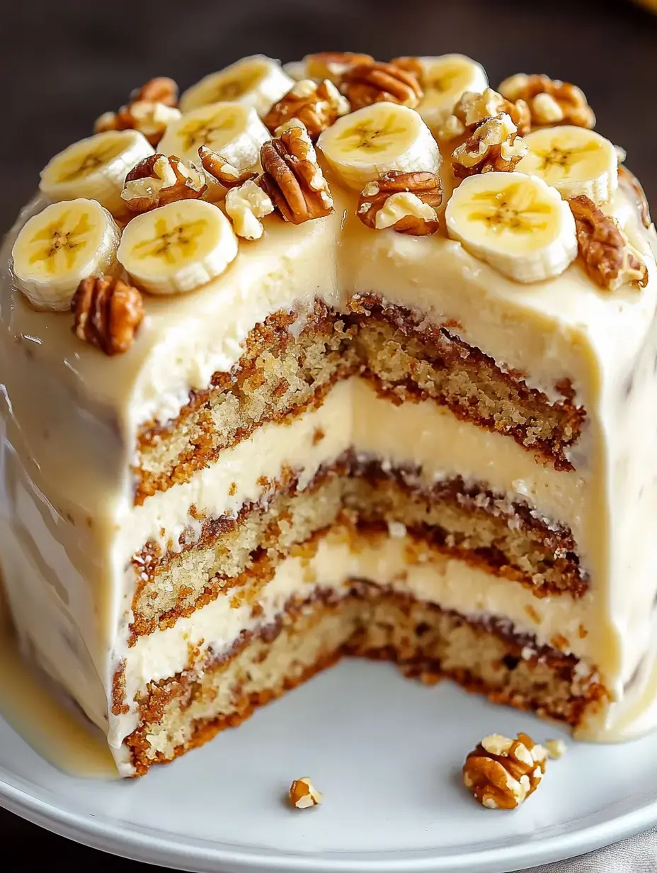 A three-layered cake with frosting, topped with banana slices and pecans, with a portion cut out to reveal the layers inside.