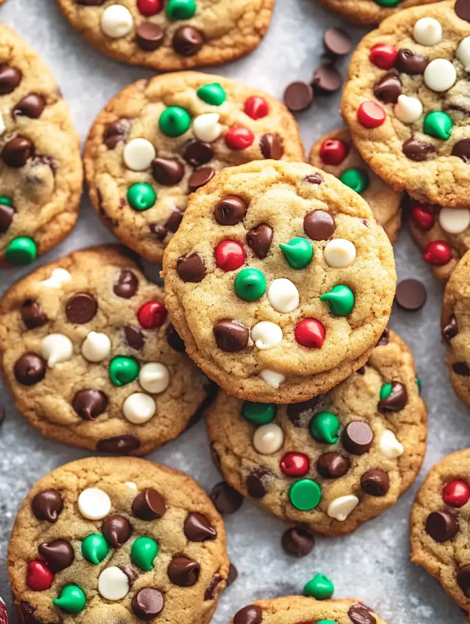 A close-up arrangement of freshly baked cookies, decorated with red, green, and white chocolate candies alongside dark chocolate chips.