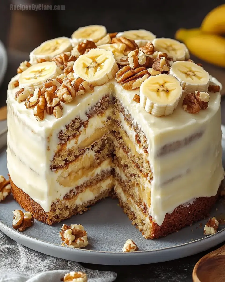 A three-layer banana cake topped with sliced bananas and chopped pecans, showcasing a creamy frosting and a slice cut out revealing its layers.