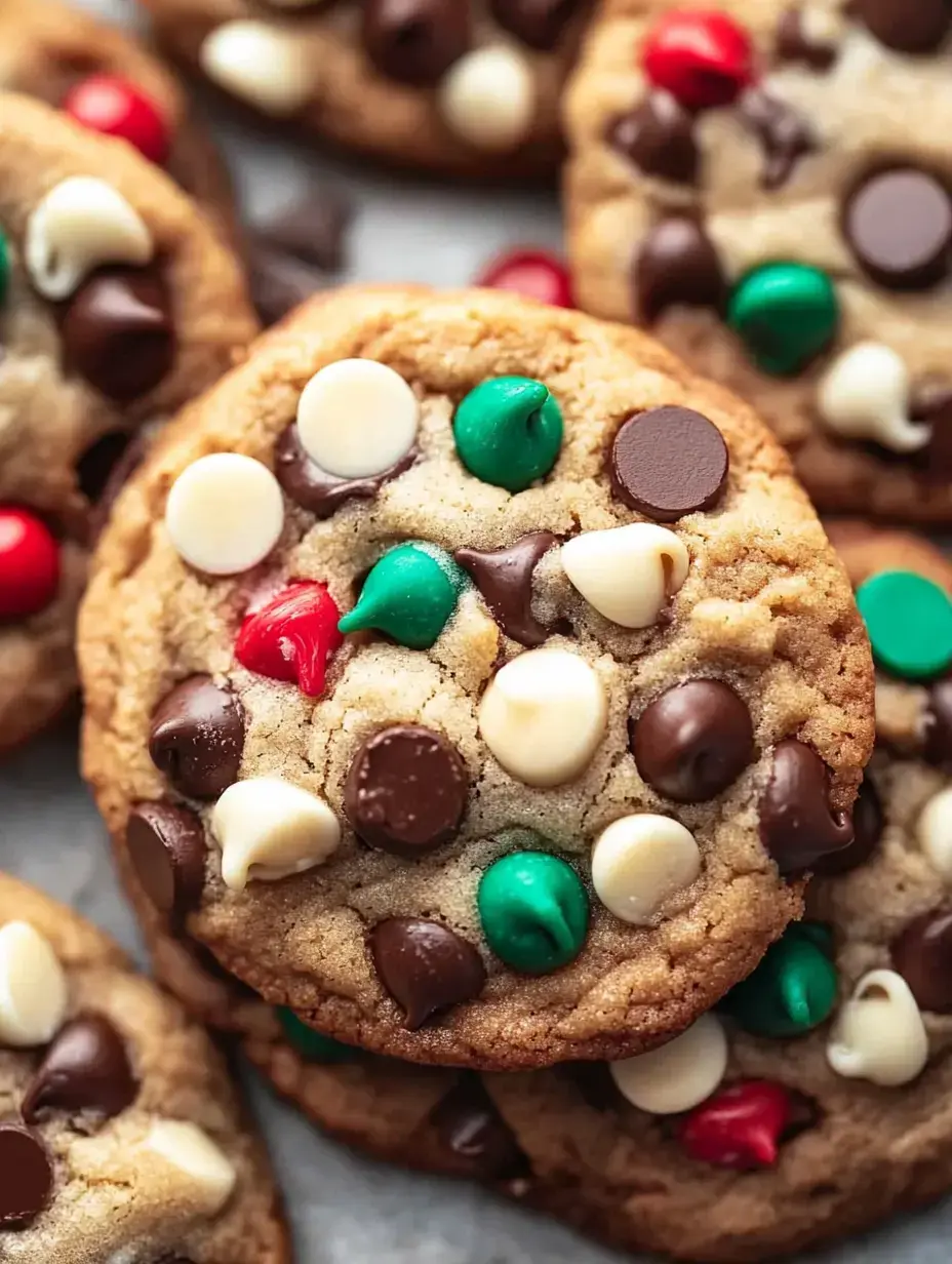 A stack of chocolate chip cookies adorned with red, green, and white chocolate candies.