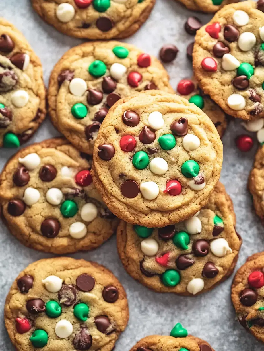 A collection of freshly baked cookies topped with red, green, and white chocolate chips scattered on a gray surface.