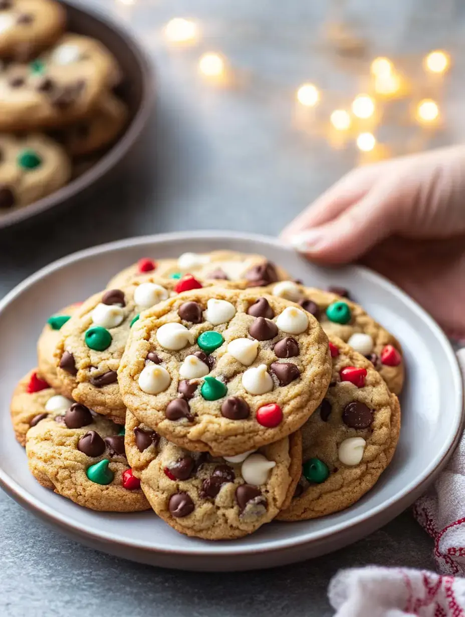 A plate of freshly baked cookies topped with red, green, and white chocolate chips, set against a soft, blurred background.