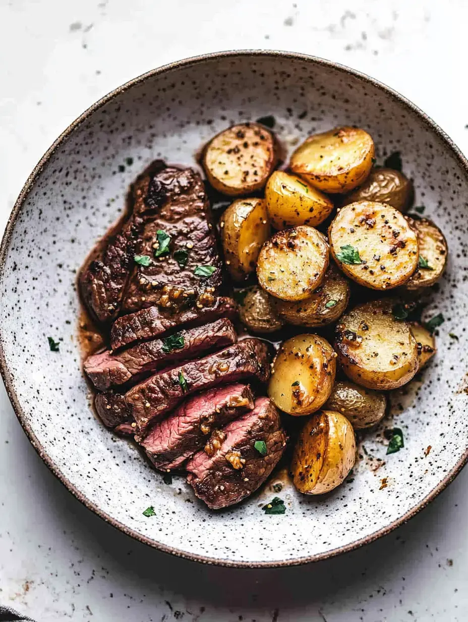 A plated dish featuring sliced steak garnished with herbs alongside roasted golden potatoes.