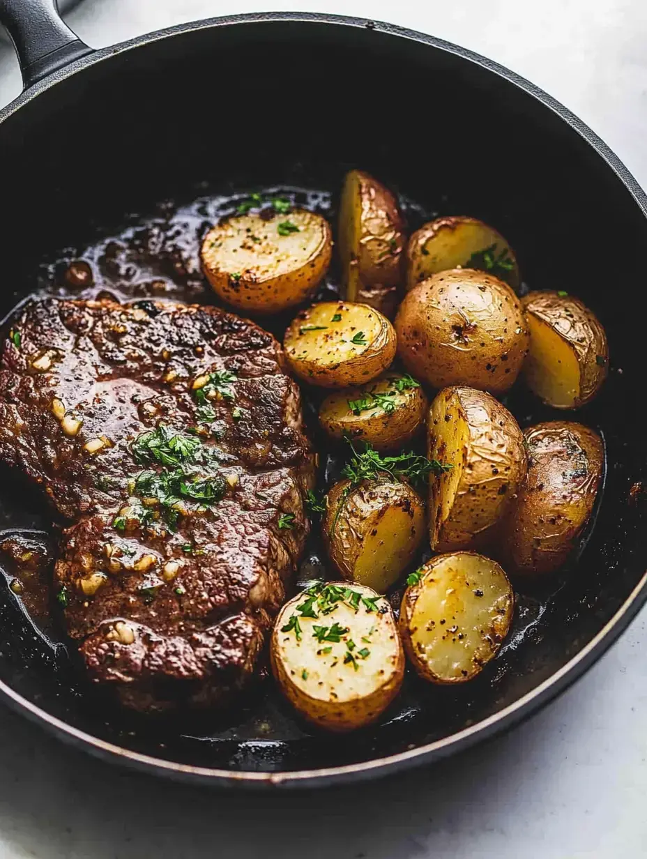 A close-up of a seared steak with roasted potatoes, garnished with herbs, in a black frying pan.