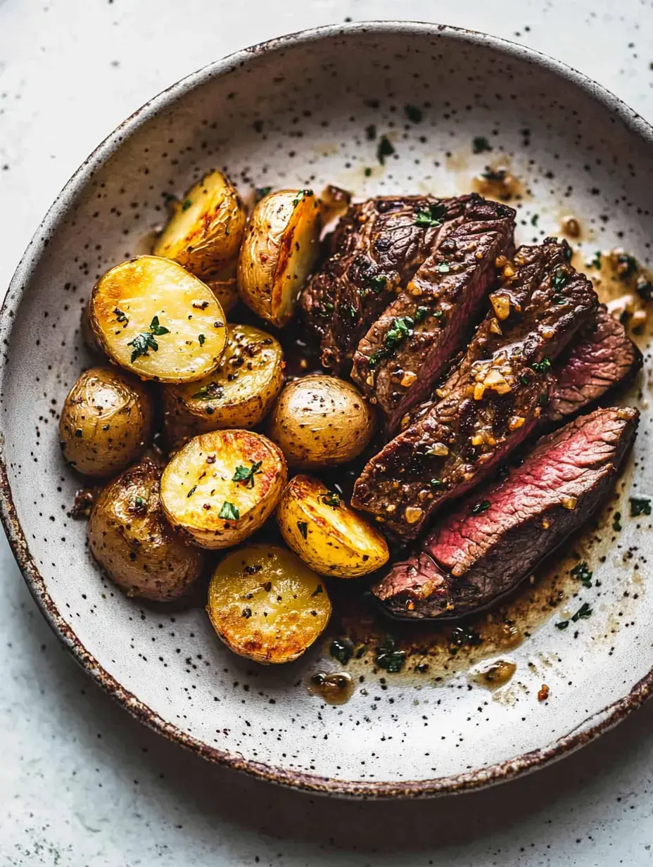 A plate of sliced steak accompanied by roasted baby potatoes, garnished with herbs and drizzled with sauce.