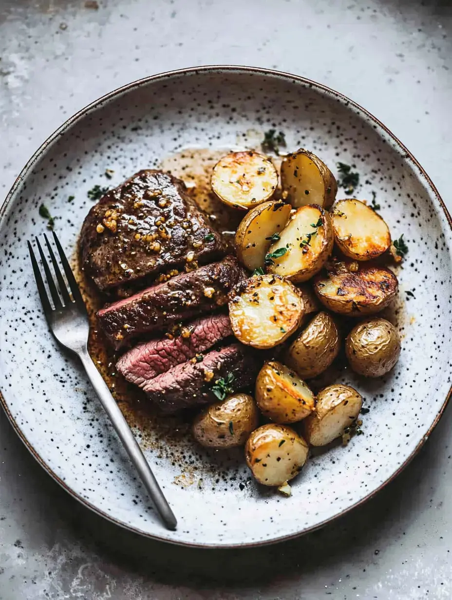 A plate of sliced, juicy steak paired with golden roasted potatoes, garnished with herbs and served with a fork.