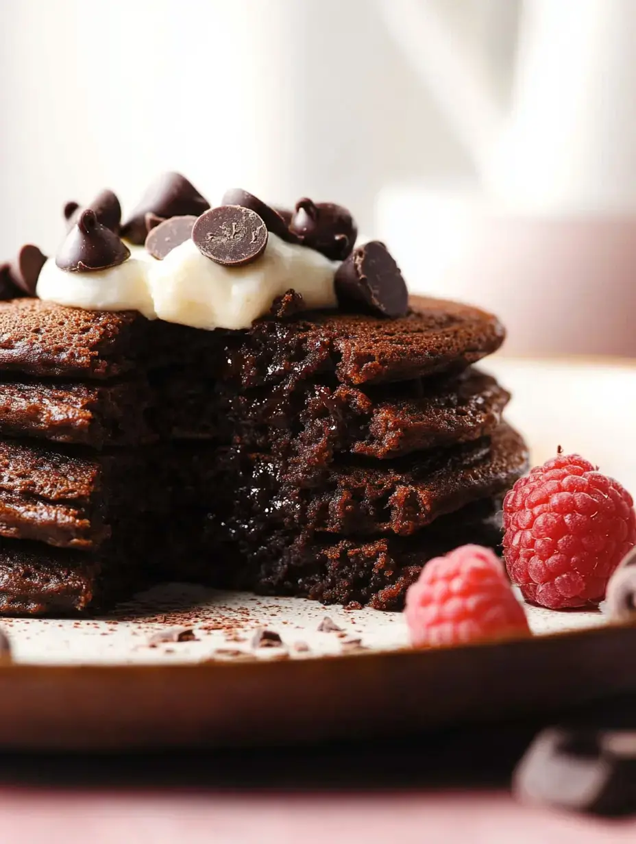 A stack of chocolate pancakes topped with whipped cream, chocolate chips, and raspberries sits on a plate.