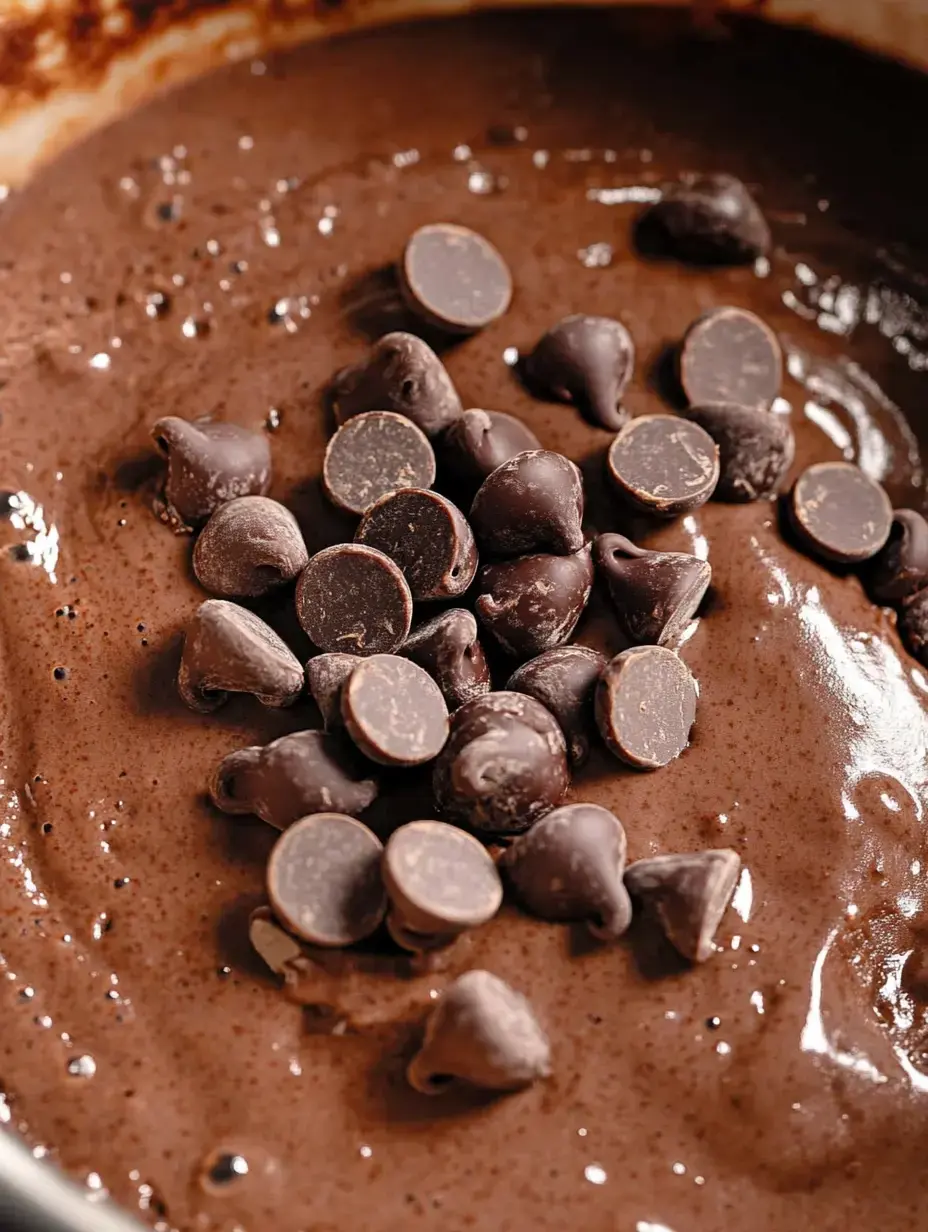 A close-up of chocolate batter with chocolate chips scattered on top.