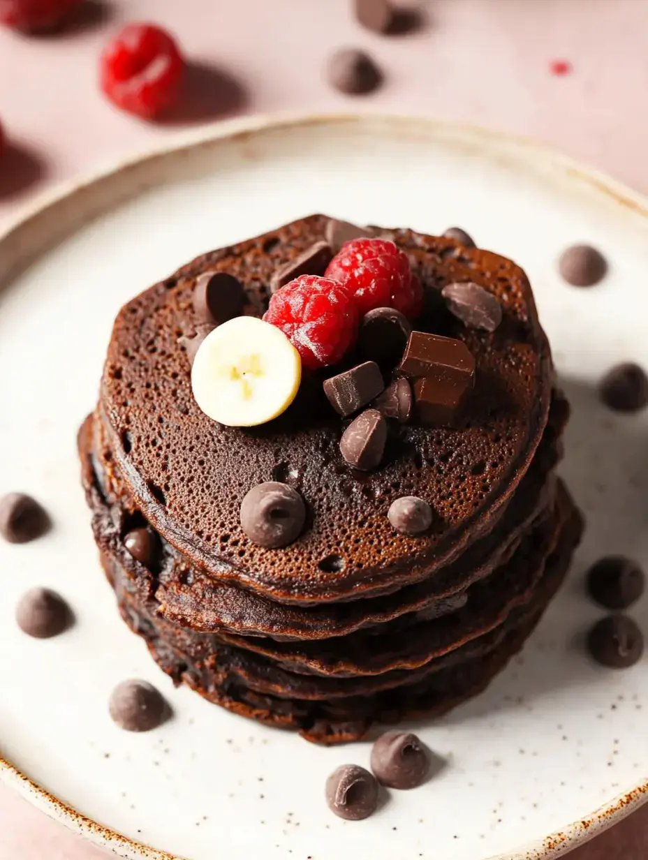 A stack of chocolate pancakes topped with raspberries, banana slices, and chocolate chunks on a white plate, with chocolate chips scattered around.