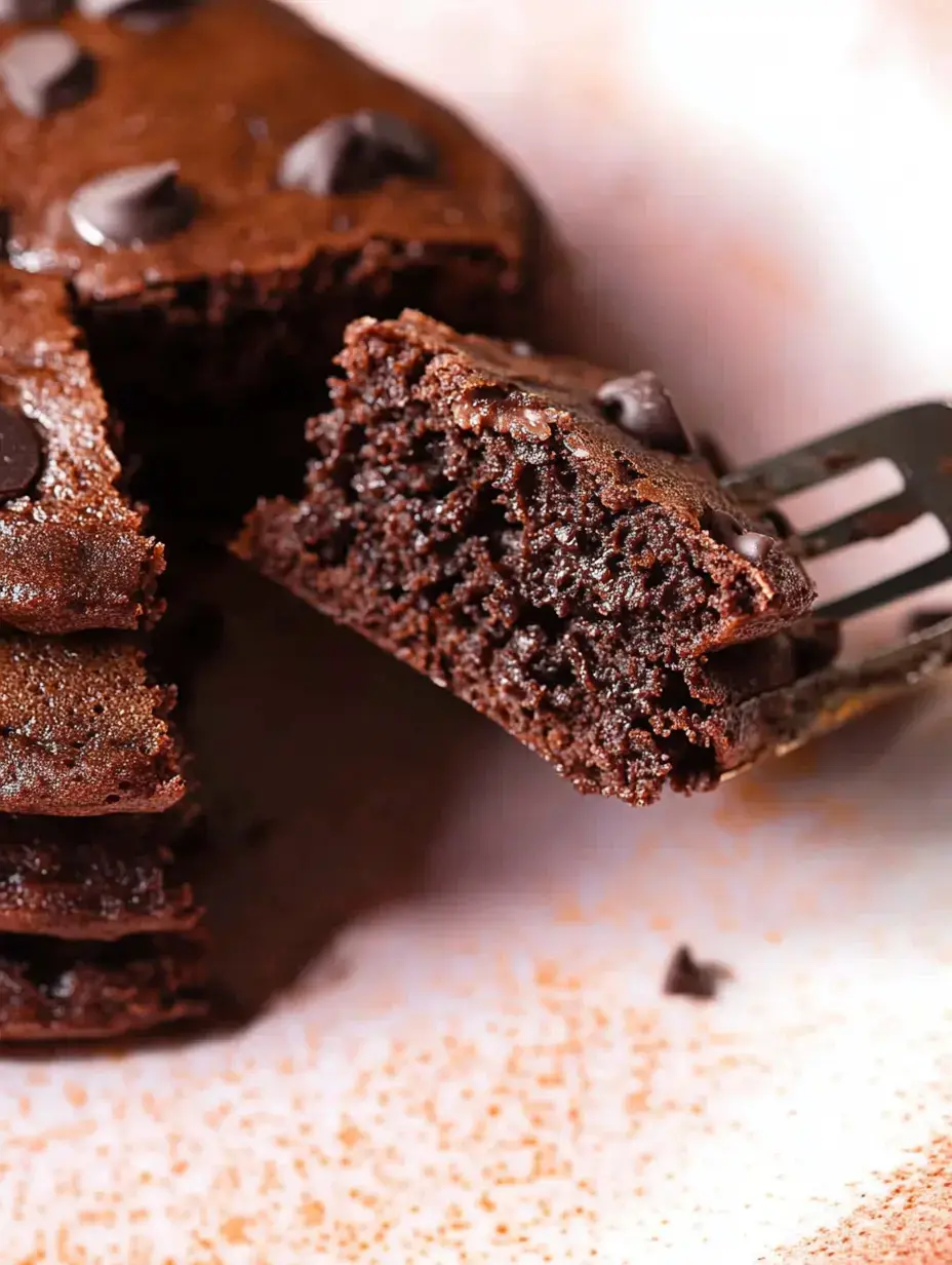 A close-up of a moist chocolate brownie with chocolate chips, with a piece being lifted by a fork.