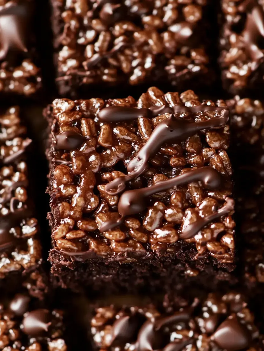 A close-up of square chocolate treats topped with rice cereal and drizzled with chocolate.