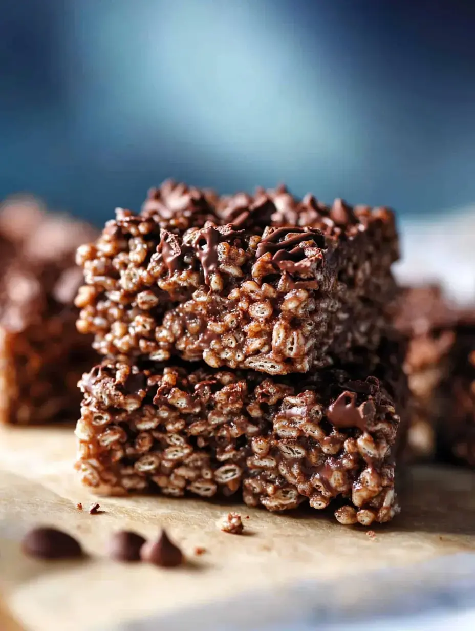 Three stacked chocolate rice crispy treats, topped with chocolate chips, on a piece of parchment paper.