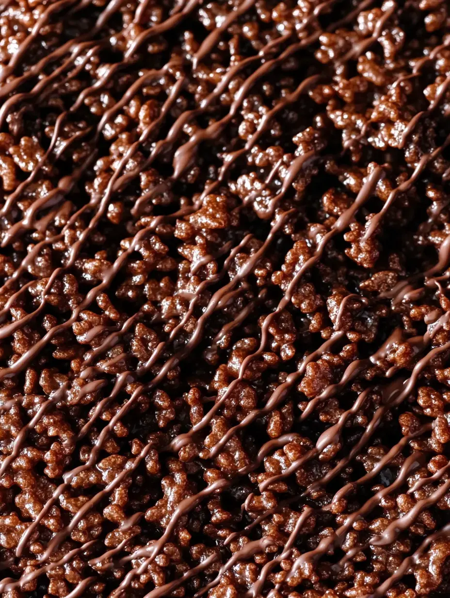 A close-up image of crispy chocolate treats drizzled with chocolate.