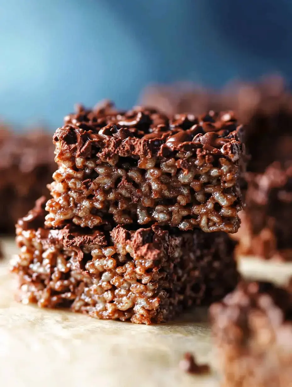 Two stacked chocolate-covered rice crispy treats on a wooden surface with a blurred background.