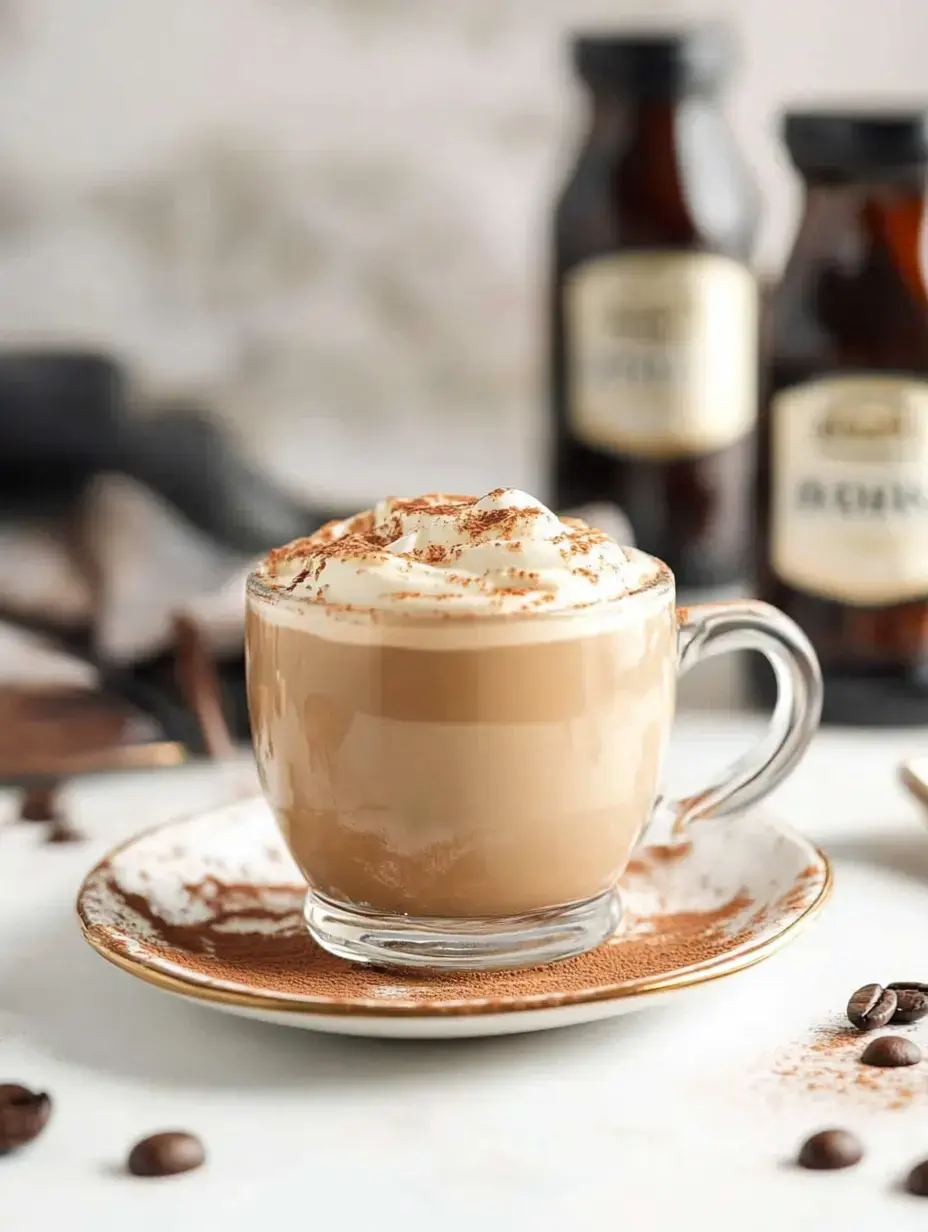 A close-up of a glass cup filled with layered coffee topped with whipped cream and cocoa powder, sitting on a saucer with scattered coffee beans in the background.