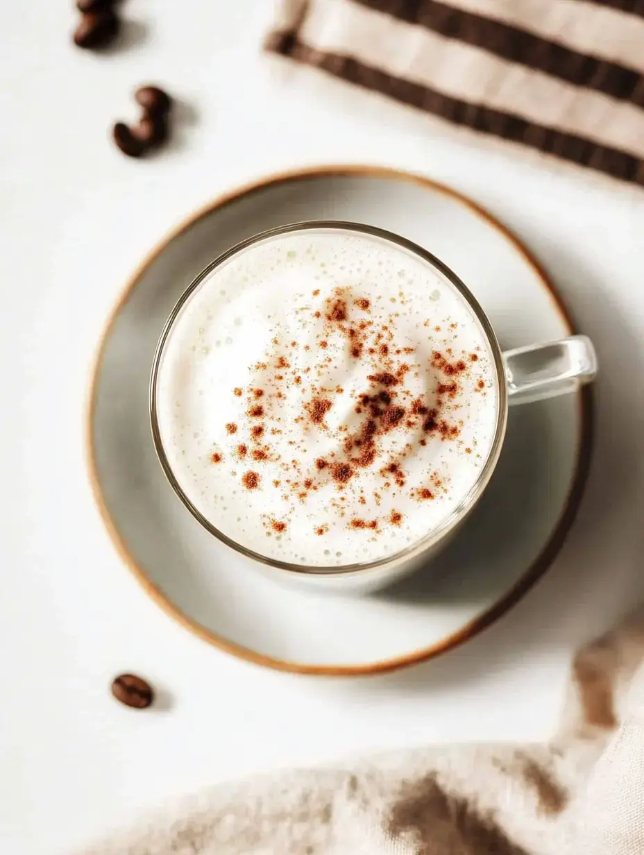 A top-down view of a glass of frothy coffee topped with cinnamon, placed on a saucer, surrounded by coffee beans and a striped cloth.