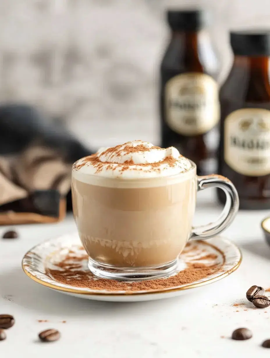 A clear glass cup of coffee topped with whipped cream and cocoa powder, placed on a decorative plate with scattered coffee beans in the foreground.