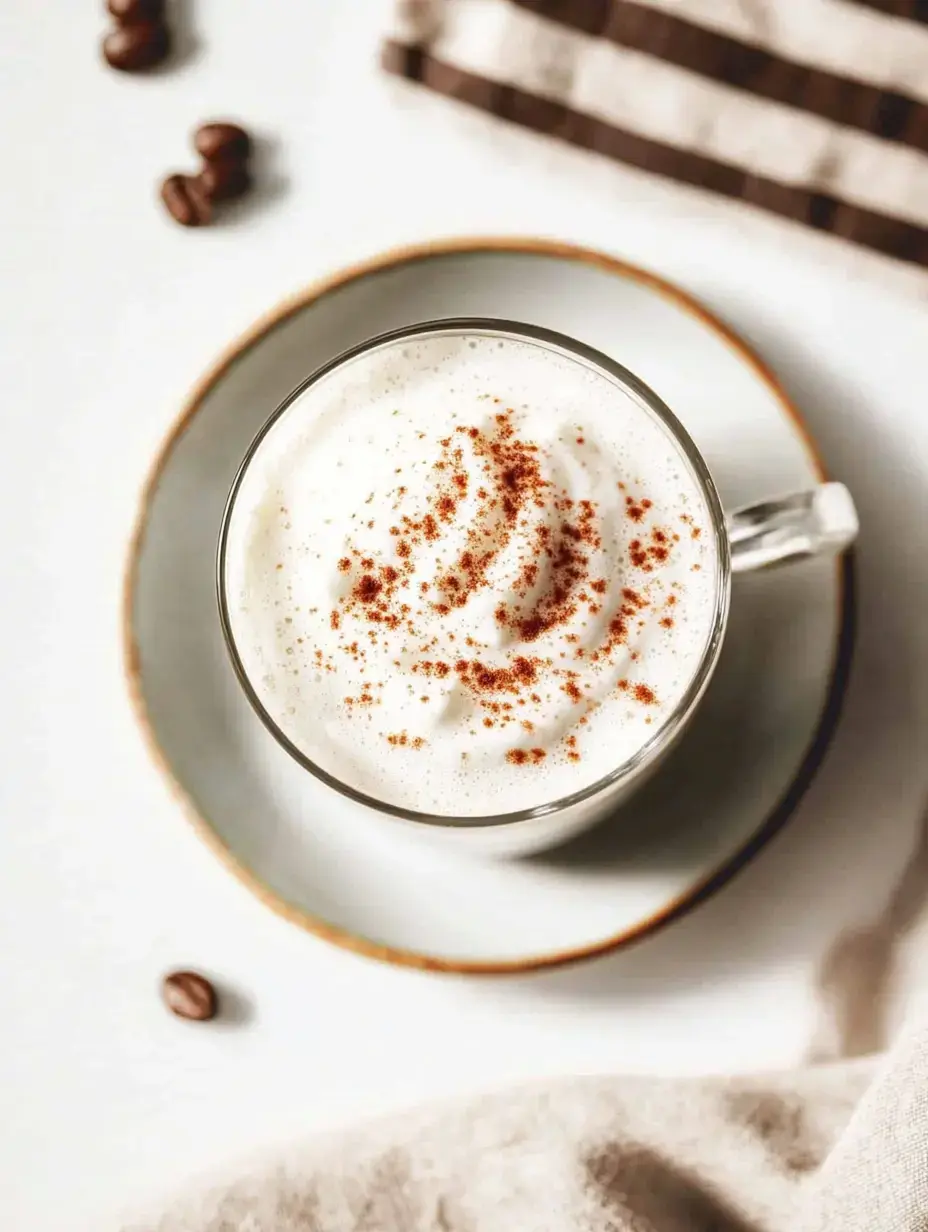 A glass of cappuccino topped with foam and a sprinkle of cinnamon sits on a saucer, accompanied by coffee beans and a striped cloth in the background.