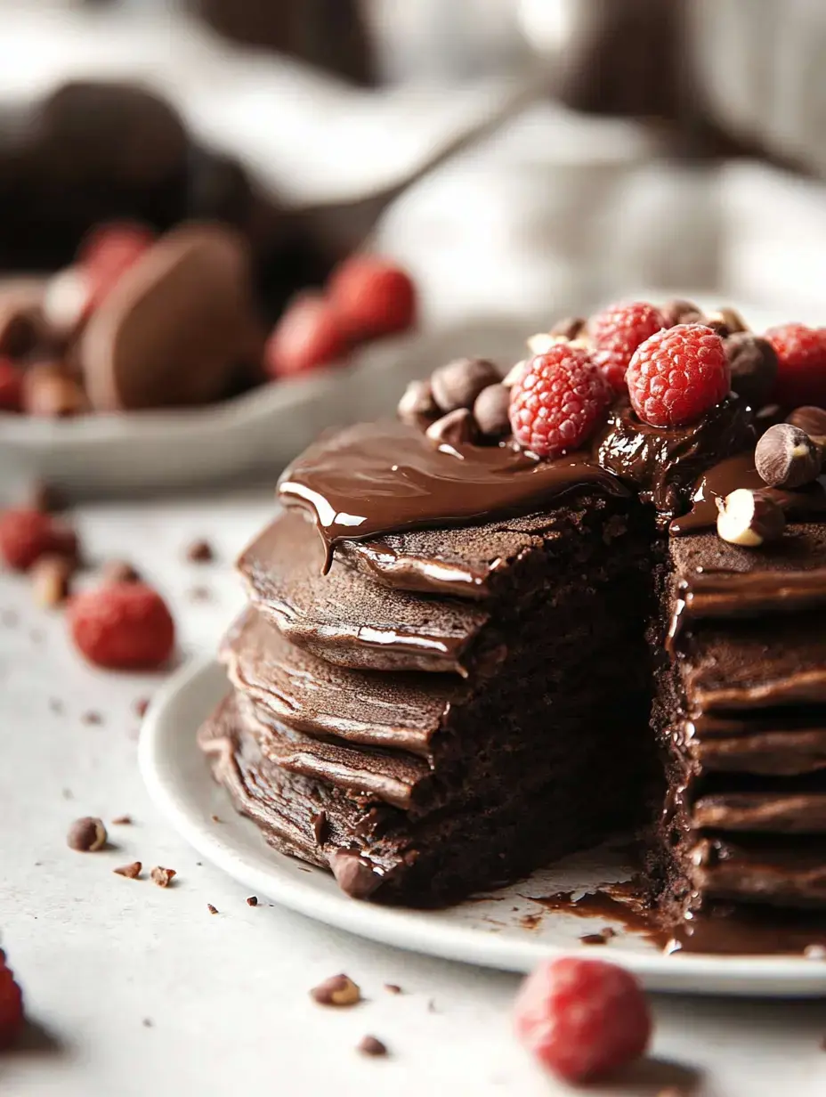 A slice of decadent chocolate cake topped with chocolate drizzle, raspberries, and chocolate chips on a white plate.