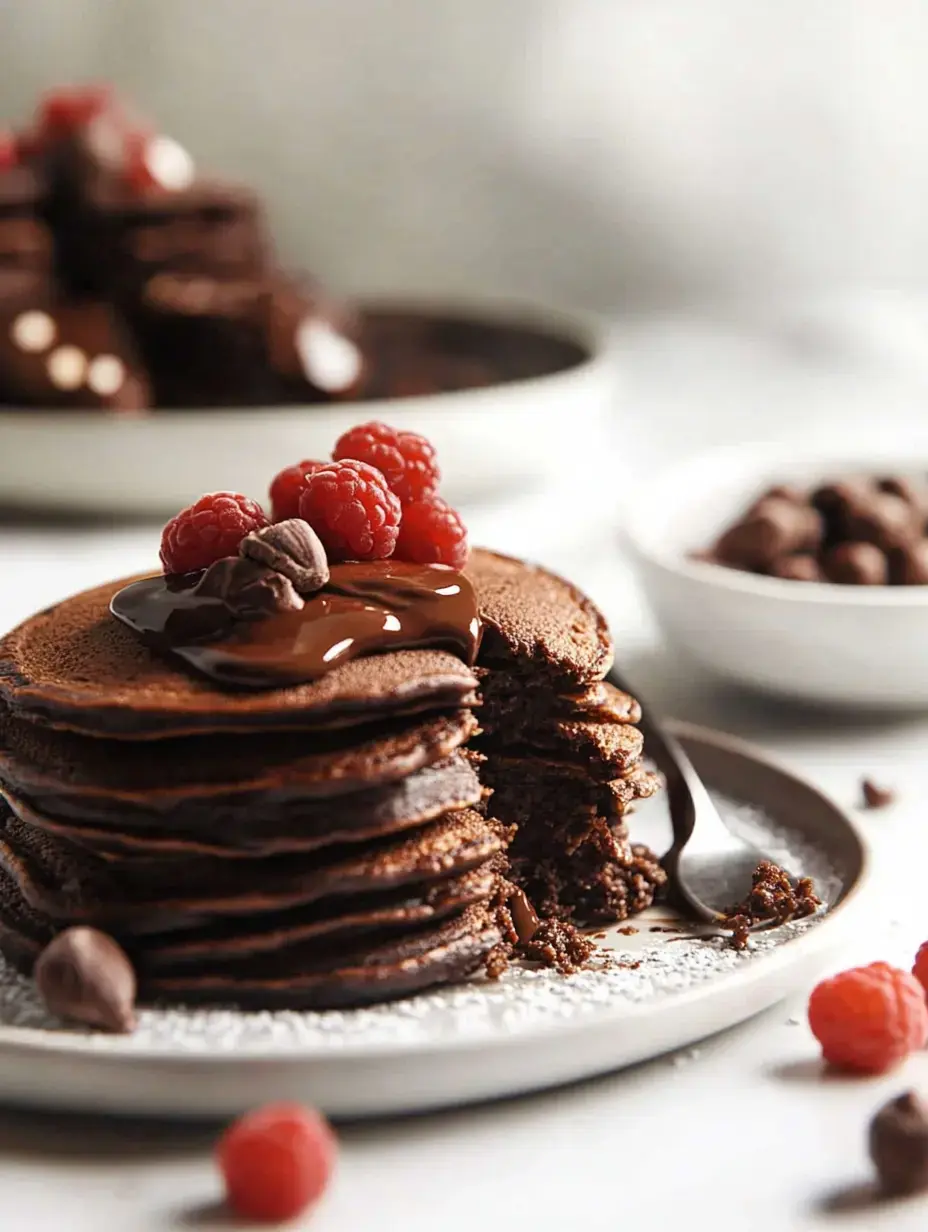 A stack of chocolate pancakes topped with chocolate sauce and fresh raspberries, with a fork and chocolate chips on the side.