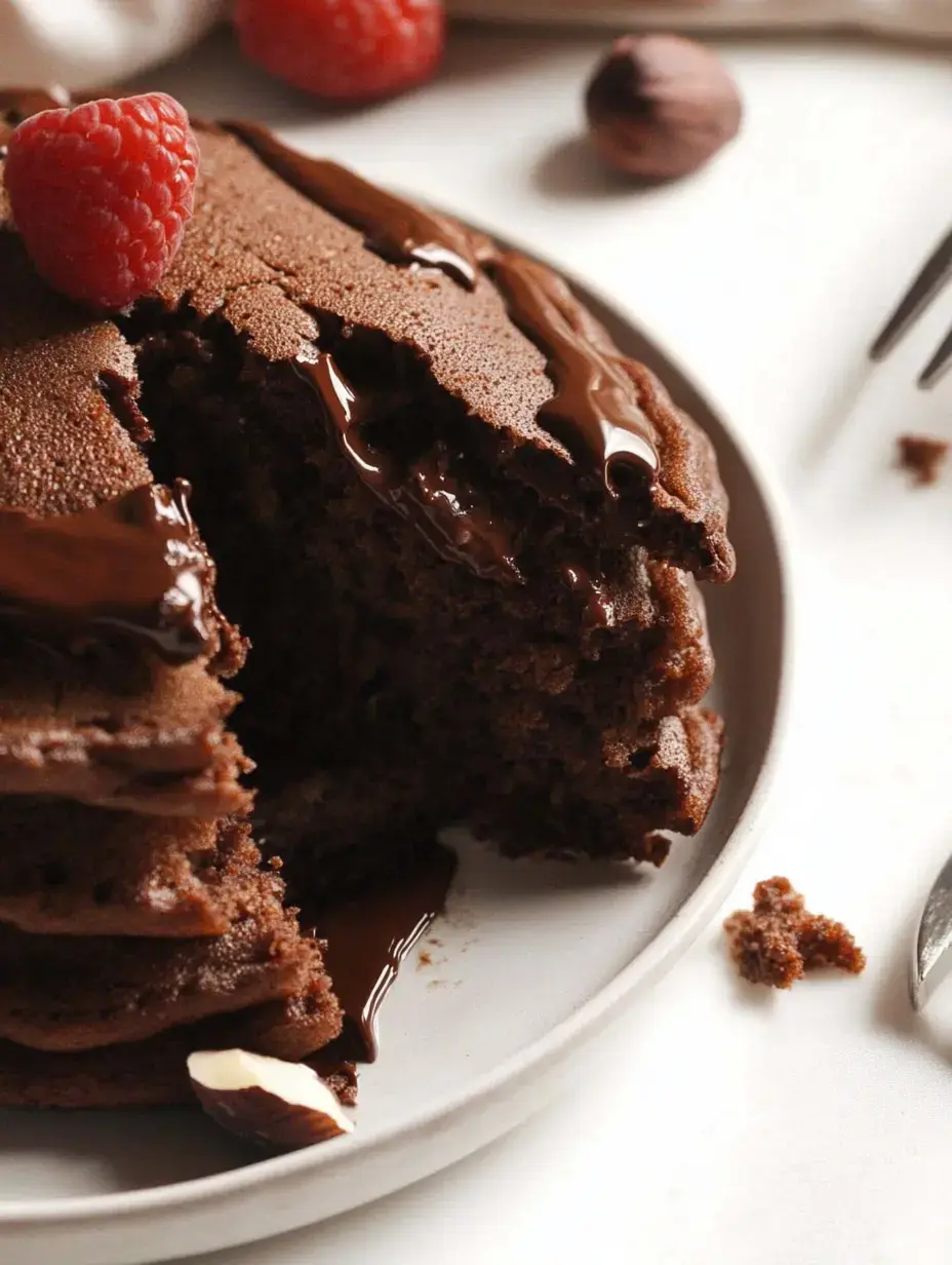 A close-up of a chocolate cake with a slice removed, drizzled with chocolate and garnished with raspberries and hazelnuts.