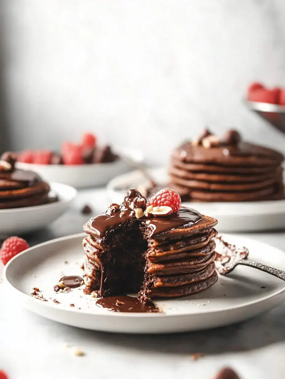 A stack of chocolate pancakes topped with melted chocolate, raspberries, and nuts, with a portion missing on a white plate.