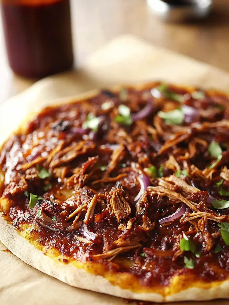 A close-up of a barbecued pulled pork pizza topped with shredded meat, red onions, and green herbs, with a bottle of barbecue sauce in the background.