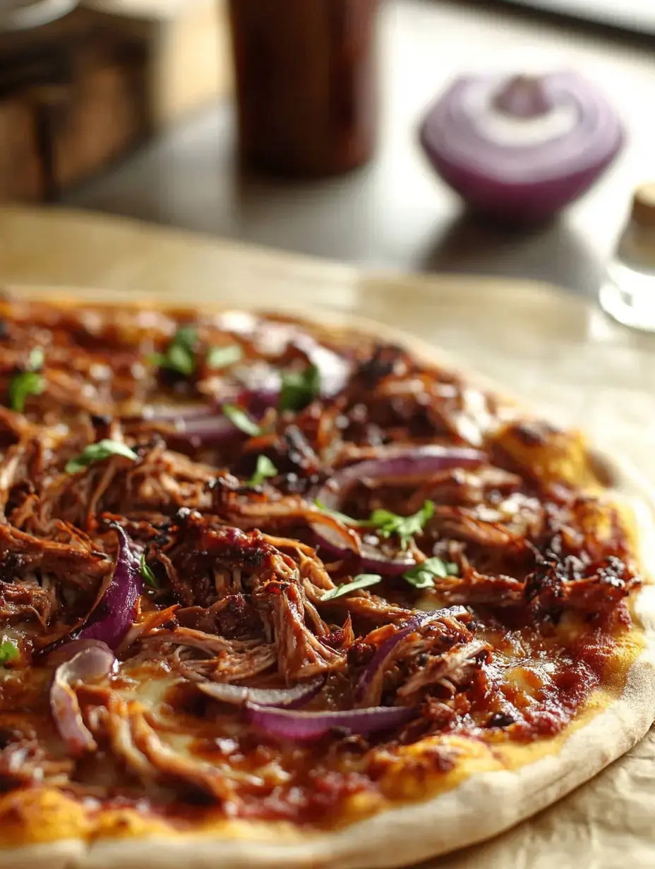 A close-up view of a pizza topped with shredded meat, purple onions, and green herbs on a parchment-lined surface.