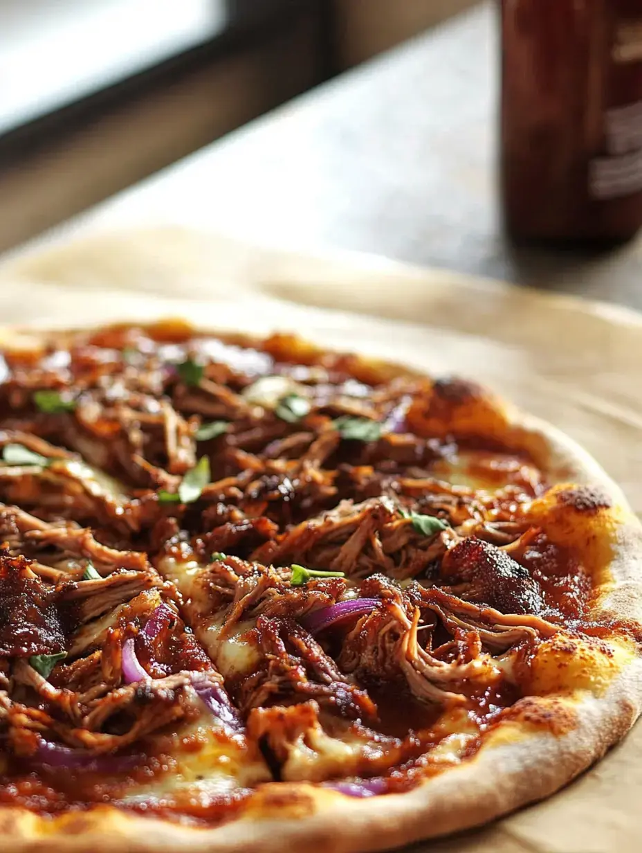 A close-up view of a pizza topped with pulled pork, barbecue sauce, red onions, and garnished with herbs.