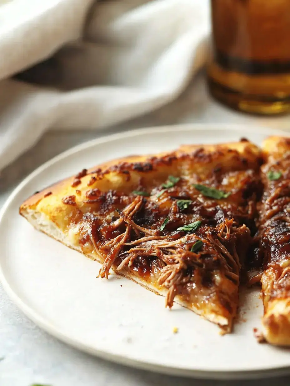 A close-up of a slice of pizza topped with shredded meat and herbs on a plate, with a glass in the background.