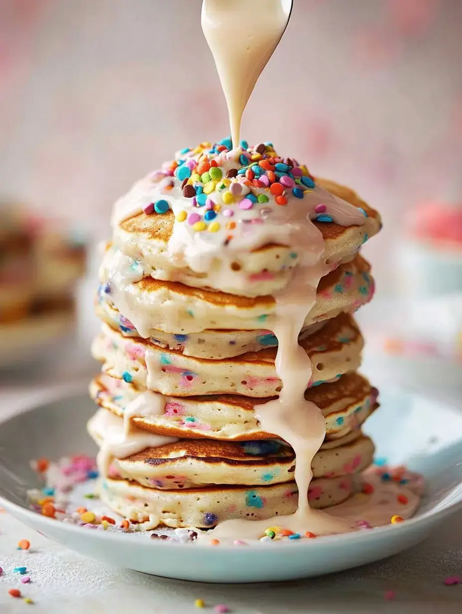 A tall stack of pancakes topped with colorful sprinkles and drizzled with icing sits on a plate.