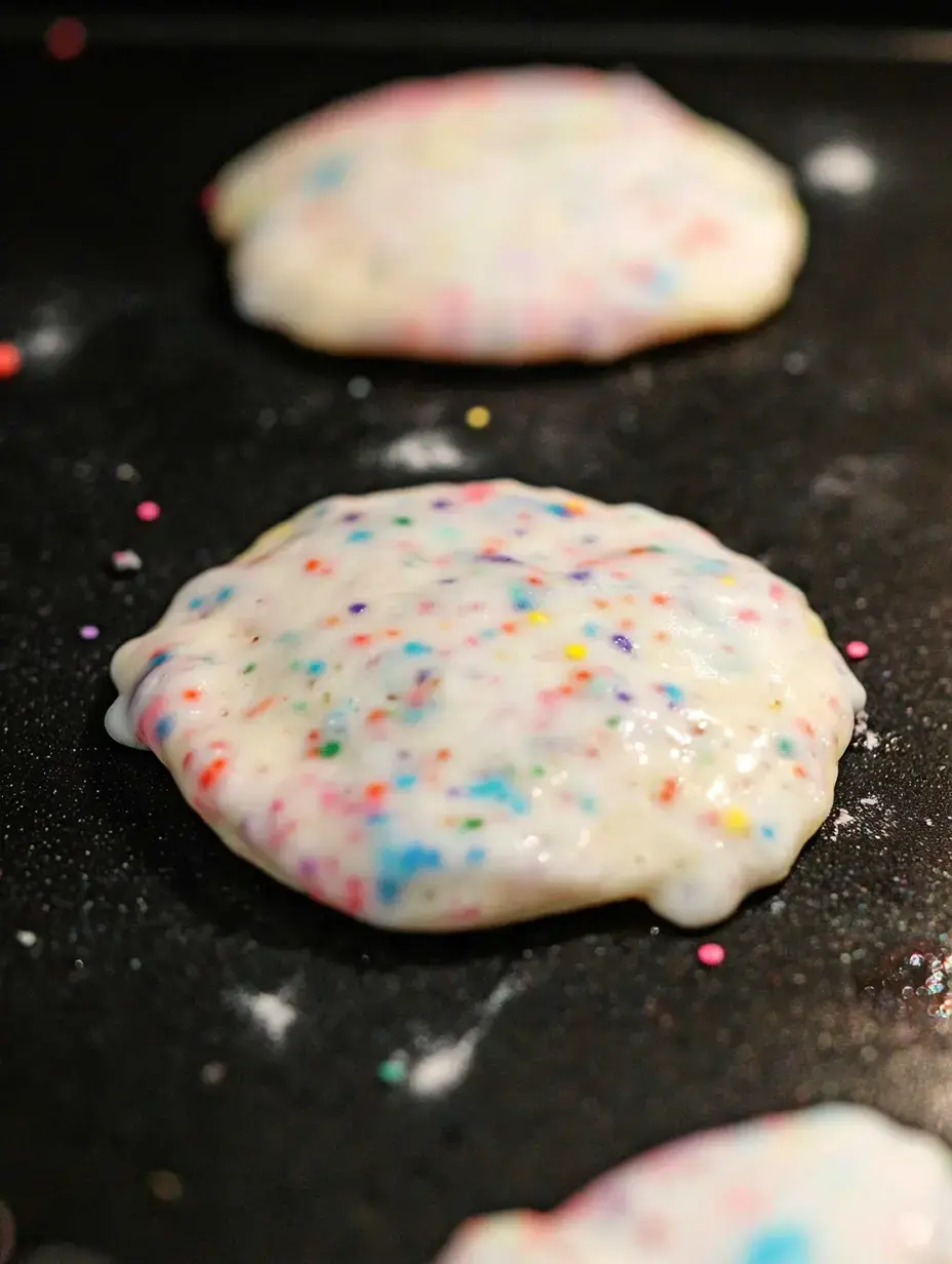 A close-up of colorful, sprinkle-studded pancake batter cooking on a griddle.