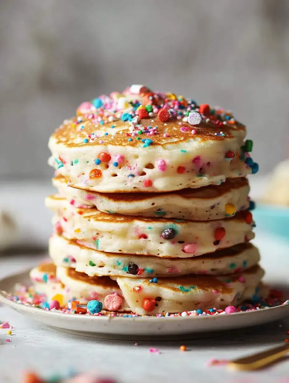 A stack of fluffy pancakes is topped with colorful sprinkles and surrounded by more sprinkles on a plate.