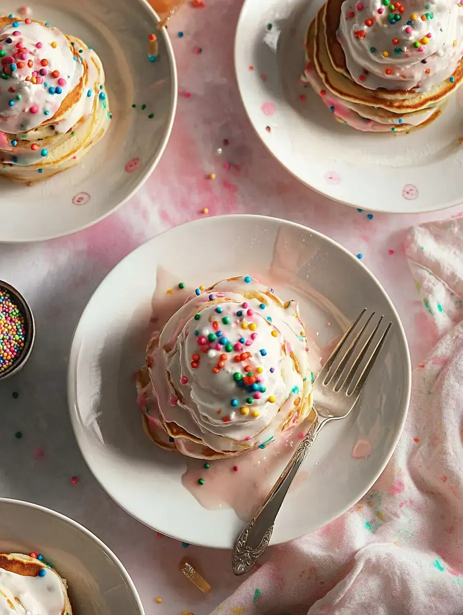 A stack of pancakes topped with pink icing and colorful sprinkles, served on a white plate with a fork beside it, surrounded by more pancakes and scattered sprinkles.