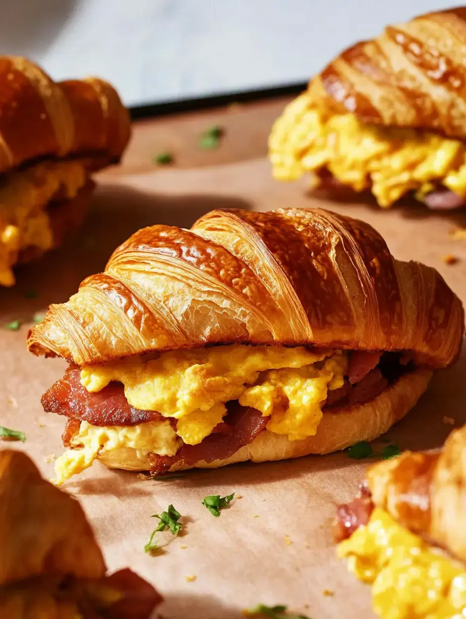 A close-up of a croissant sandwich filled with scrambled eggs and bacon, sitting on parchment paper with scattered herbs.